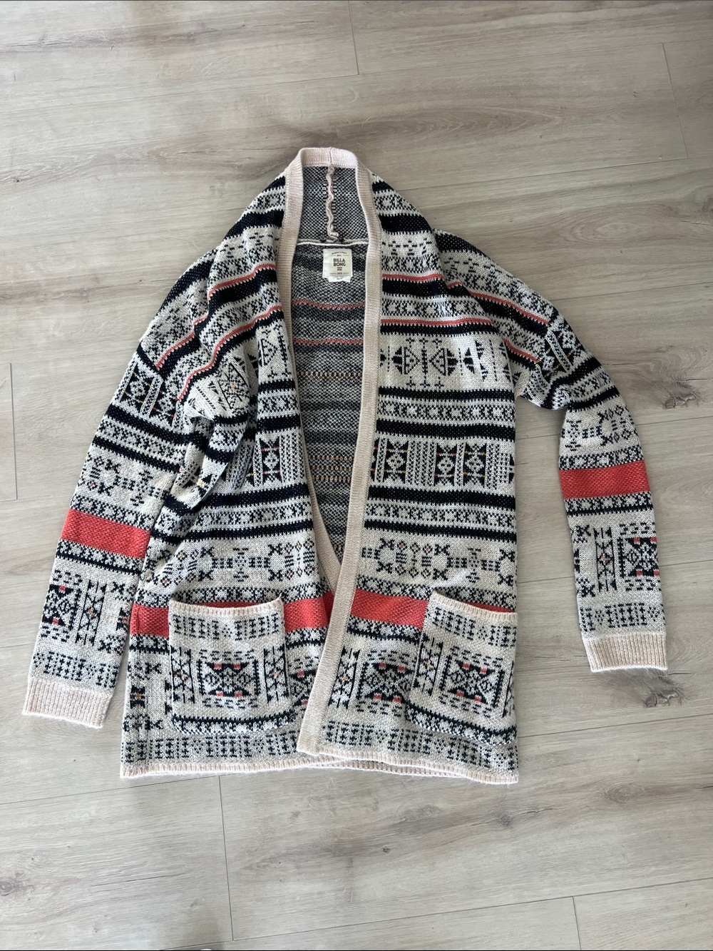 Womens Billabong open-Front Patterned Cardigan Sweater in Cream and Coral size s